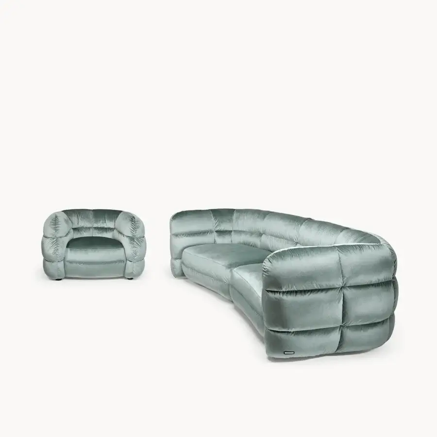 Distinguished Visionnaire Bomber sofa upholstered in lavish seafoam green textile with satin finish