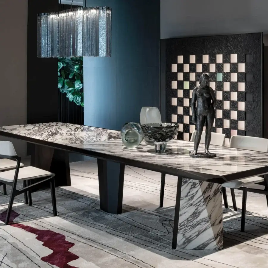 Exceptional Giorgetti Amadeus table built in Canaletto walnut with marble inserts and dark matte metal legs