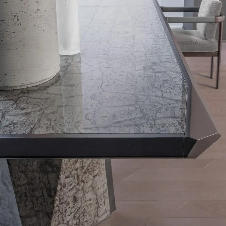 Distinguished Giorgetti Amadeus table built in Canaletto walnut with polished finish and gray marble accents