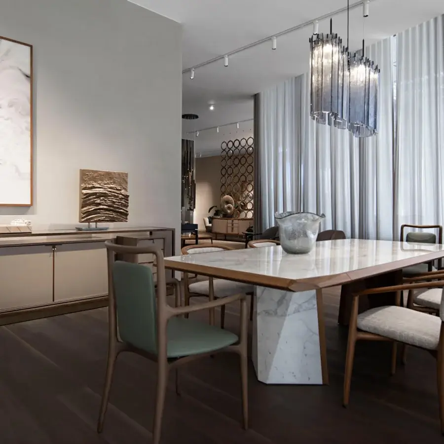 Elegant Giorgetti Amadeus table crafted in Canaletto walnut with captivating white and grey marble tabletop and inserts