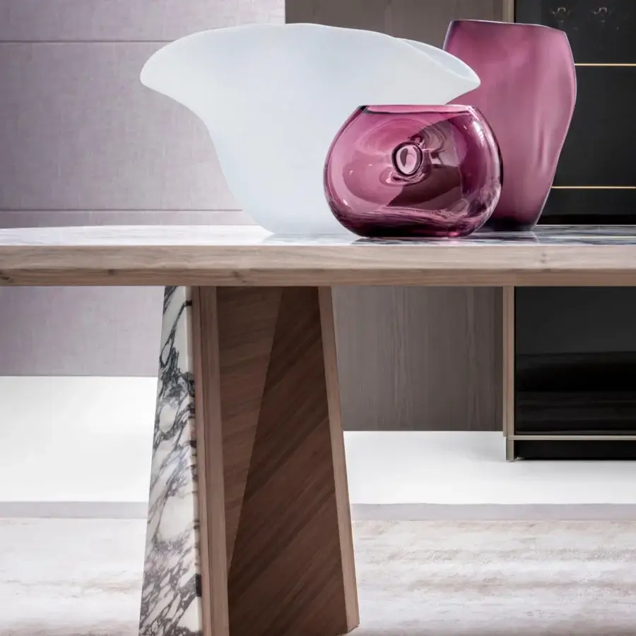 Superior Giorgetti Amadeus table crafted in Canaletto walnut with grey and brown marble inserts and exquisitely finished edges
