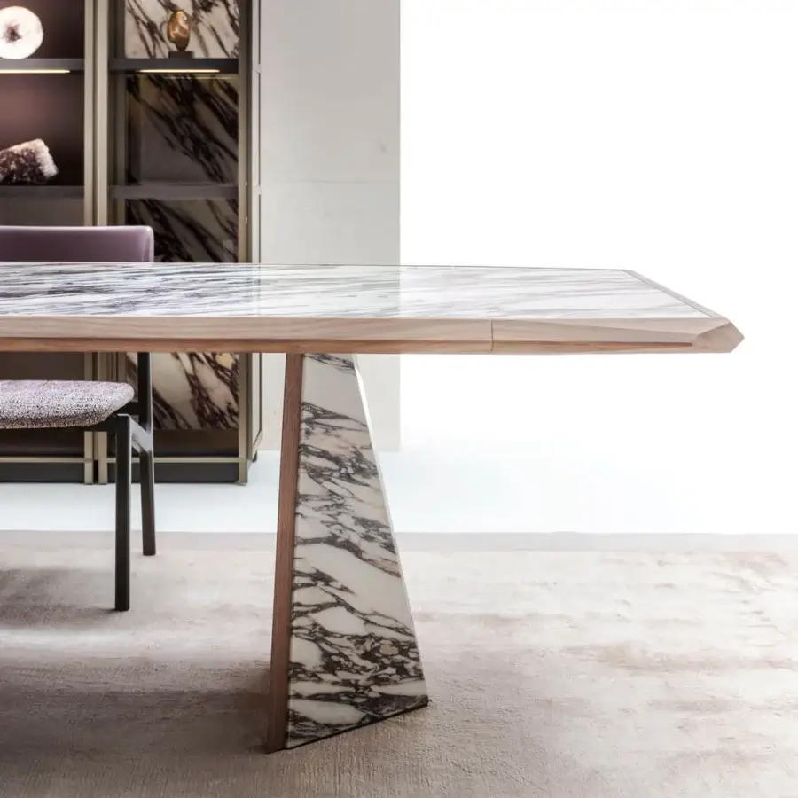 Distinguished Giorgetti Amadeus table crafted in Canaletto walnut with polished marble insert and matching veined marble slabs