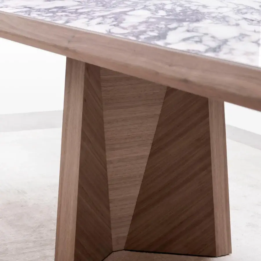 Luxury Giorgetti Amadeus table built with Canaletto walnut and striking marble inserts showcasing grey and white veining