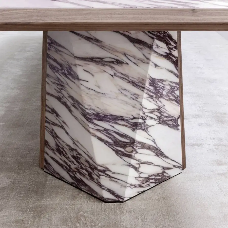 Exclusive Giorgetti Amadeus table with a Canaletto walnut top and white marble inserts in a satin finish