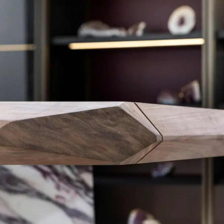 Superior Giorgetti Amadeus table crafted with Canaletto walnut and captivating purple grey veined marble in a satin finish