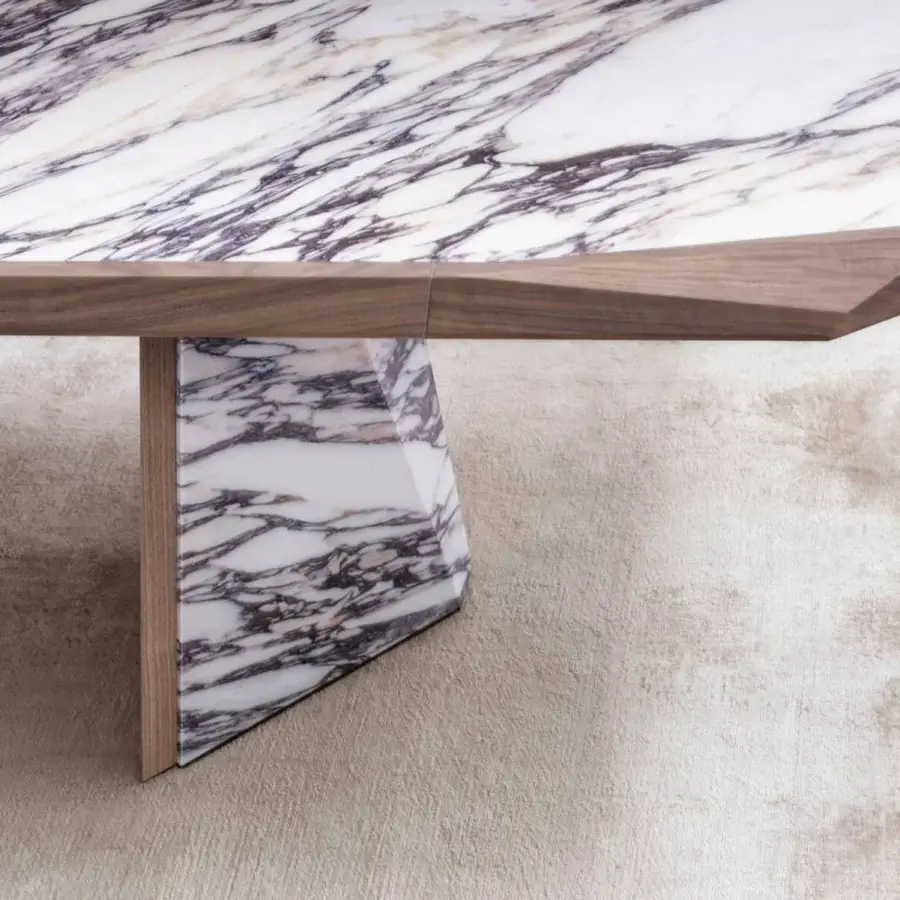 Exceptional Giorgetti Amadeus table crafted with Canaletto walnut and polished marble within sculpted legs