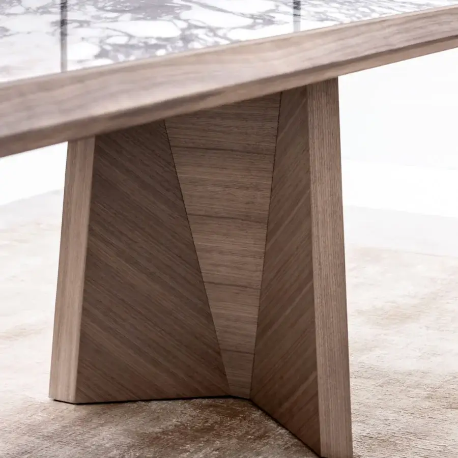 Elegant Giorgetti Amadeus table built with Canaletto walnut and striking marble inserts in a satin finish