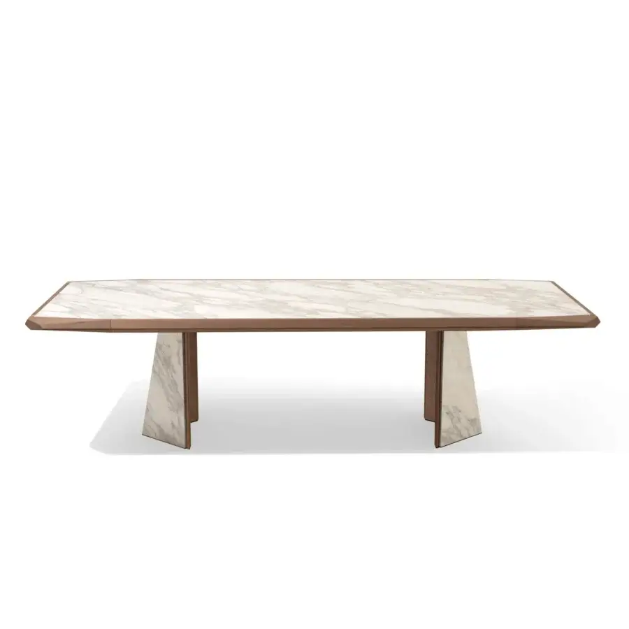 Superior Giorgetti Amadeus table crafted with Canaletto walnut and marble inserts exhibiting a satin finish