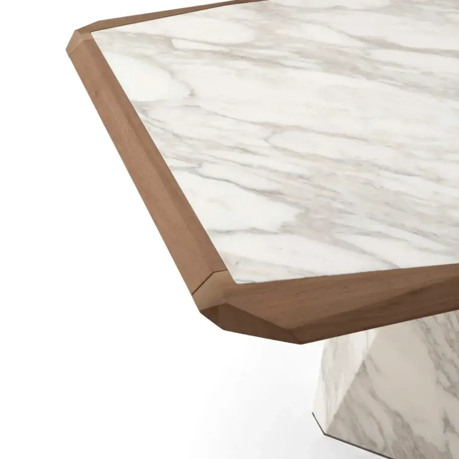 Distinguished Giorgetti Amadeus table built with Canaletto walnut and marble exhibiting a satin finish