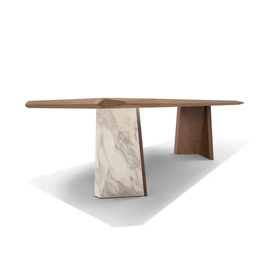 Exceptional Giorgetti Amadeus table crafted with Canaletto walnut and marble inserts exhibiting a satin finish