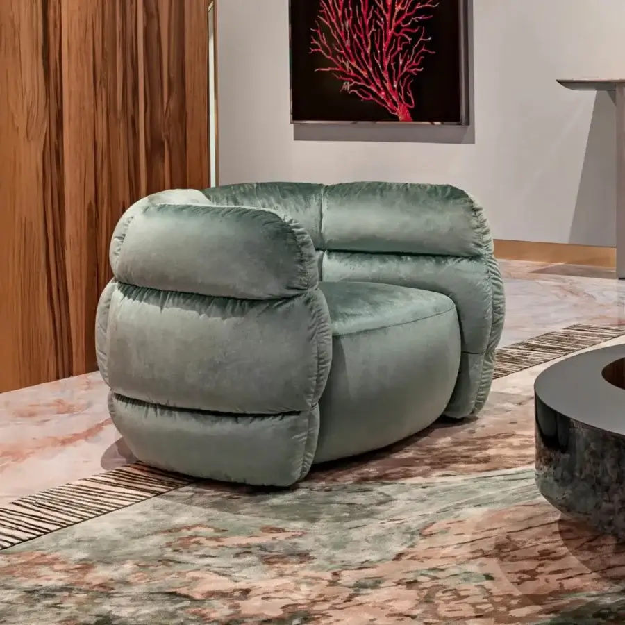 Lavish Visionnaire Bomber lounge chair fully upholstered in textured dusty teal textile with multilayer wood and solid fir frame