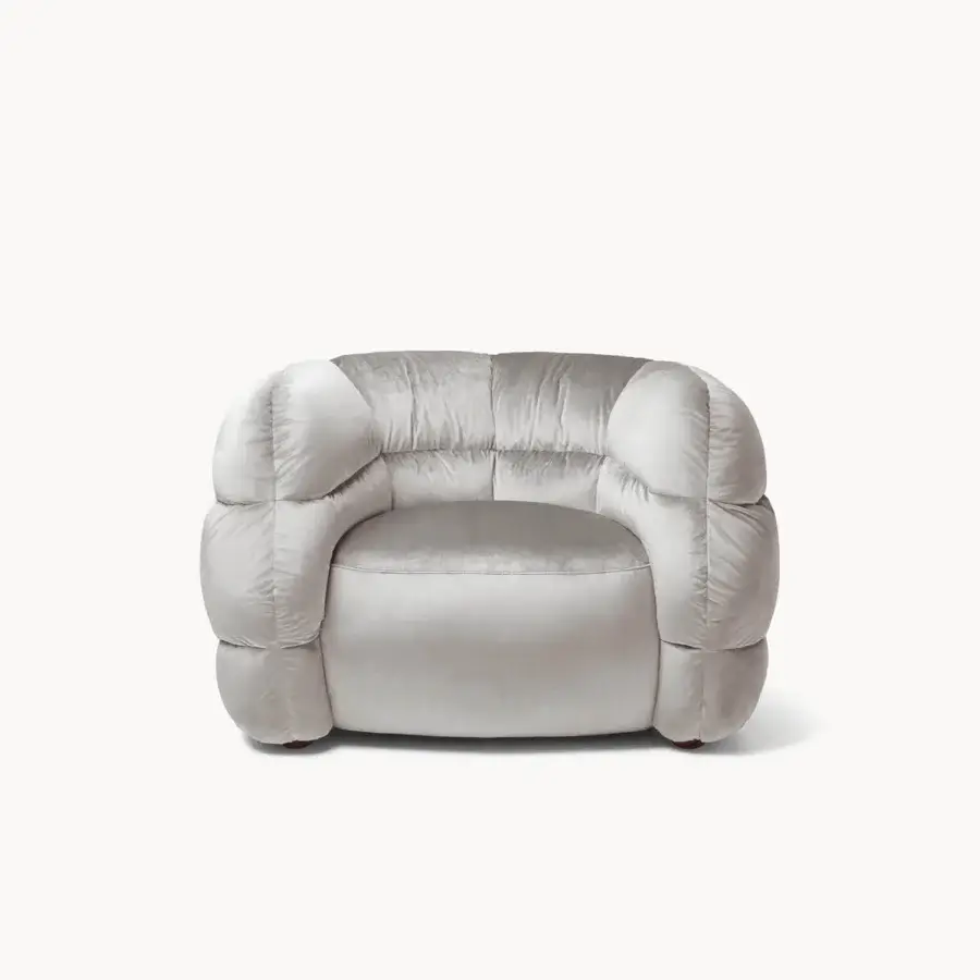 Superior Visionnaire Bomber lounge chair upholstered in plush pale gray textile with resilient elastic webbing suspension