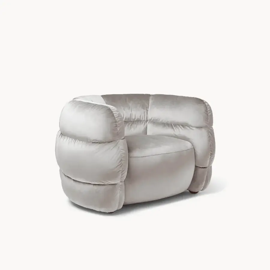 Distinguished Visionnaire Bomber lounge chair upholstered in lavish light gray fabric with satin sheen and multilayer wood frame