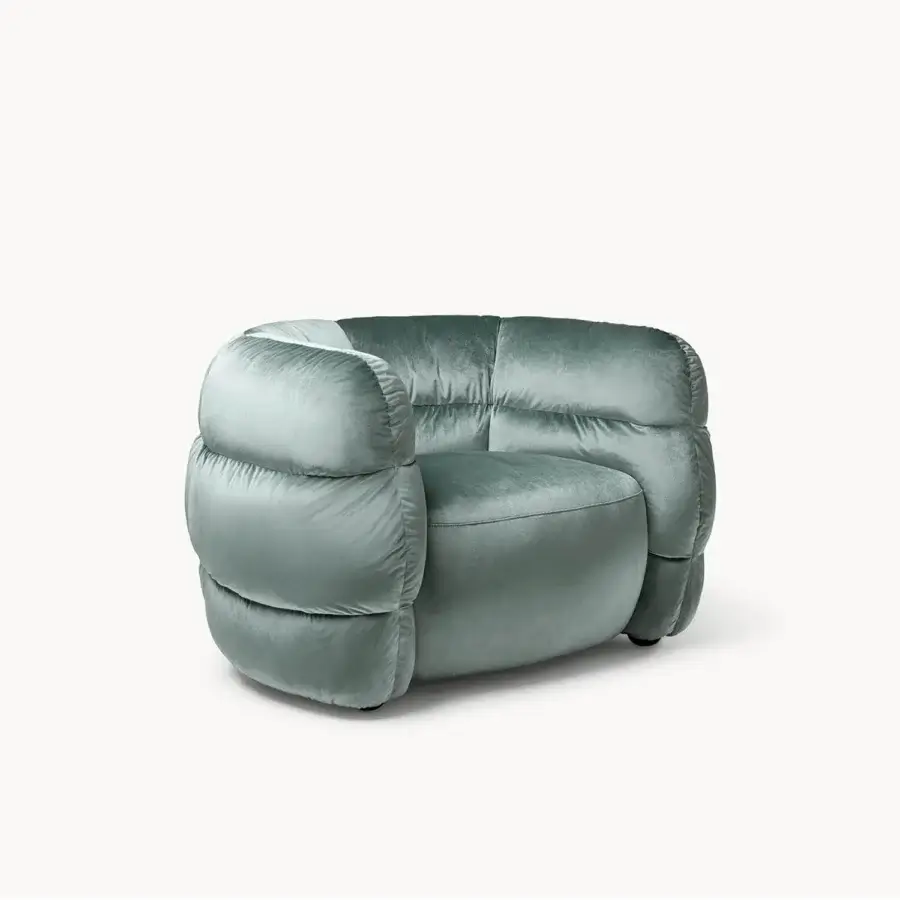 Superior Visionnaire Bomber lounge chair upholstered in plush dusty teal textile with satin finish