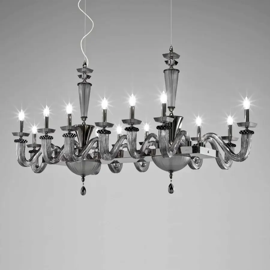 Exclusive Euroluce Desiderio Axis chandelier with Swarovski accents, a glossy silver tone sculptural centerpiece crafted in Veneto, Italy