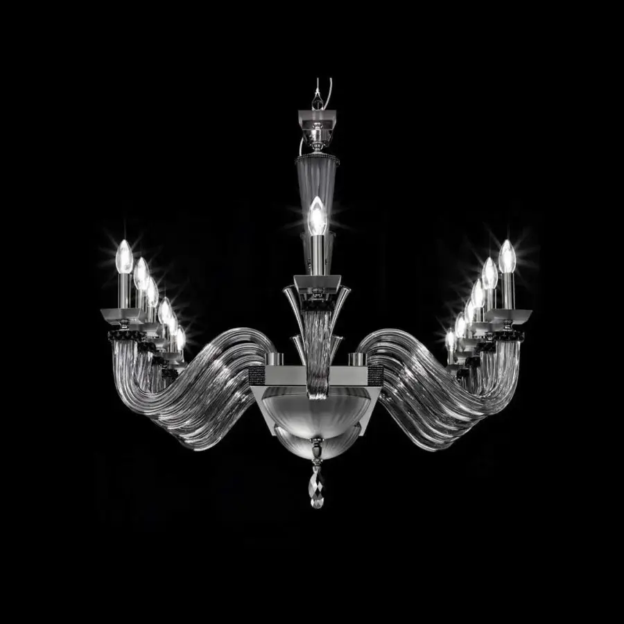Exceptional Euroluce Desiderio Axis chandelier crafted in black nickel with Swarovski crystals and diamond-shaped beech wood accents