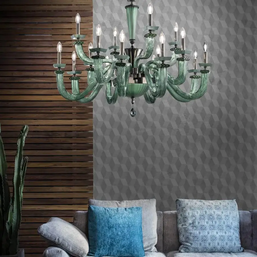 Distinguished Euroluce Desiderio chandelier with Swarovski crystals, crafted in black nickel, beech wood and glossy glass with satin finishes