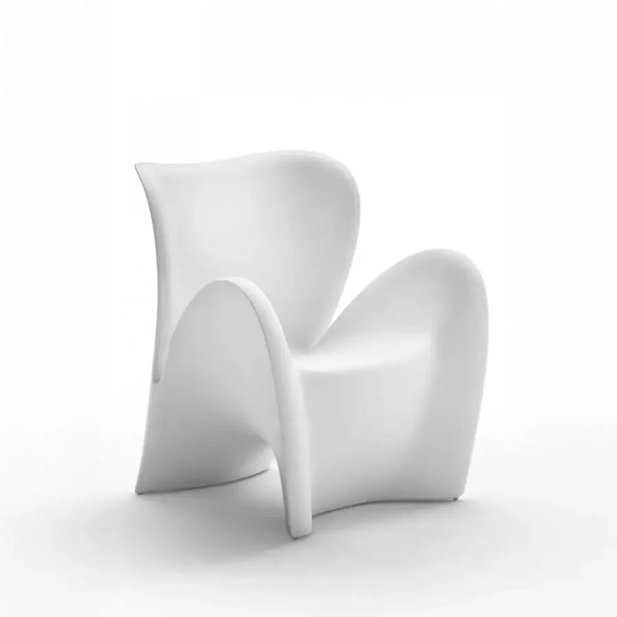 Distinguished MY YOUR Lily chair embodies flowing lines with uniformly white synthetic material and smooth matte finish