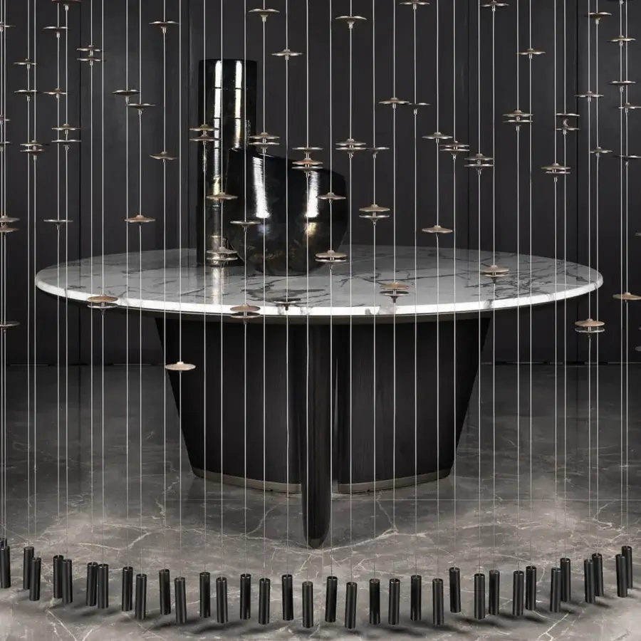 Superior Giorgetti Mistral round table with white marble, bronze insert, veneered ash wood legs and lacquered titanium plinth