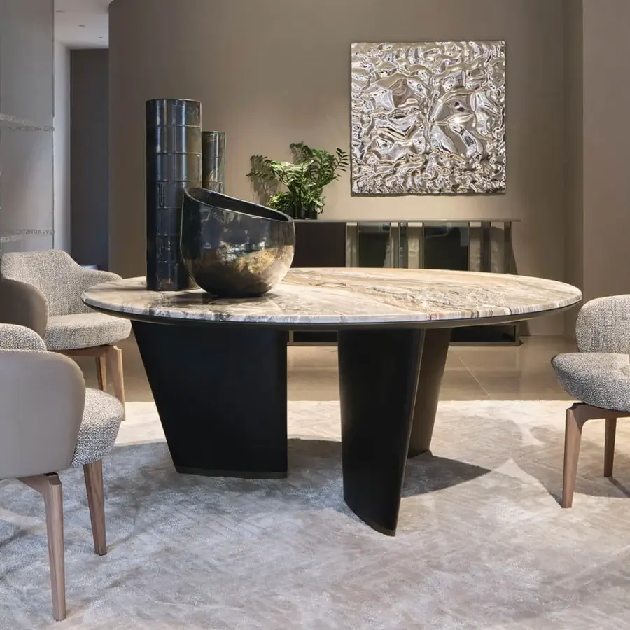 Distinguished Giorgetti Mistral round table with a marble top, bronze insert, veneered ash wood legs and lacquered titanium plinth in beige and gray tones