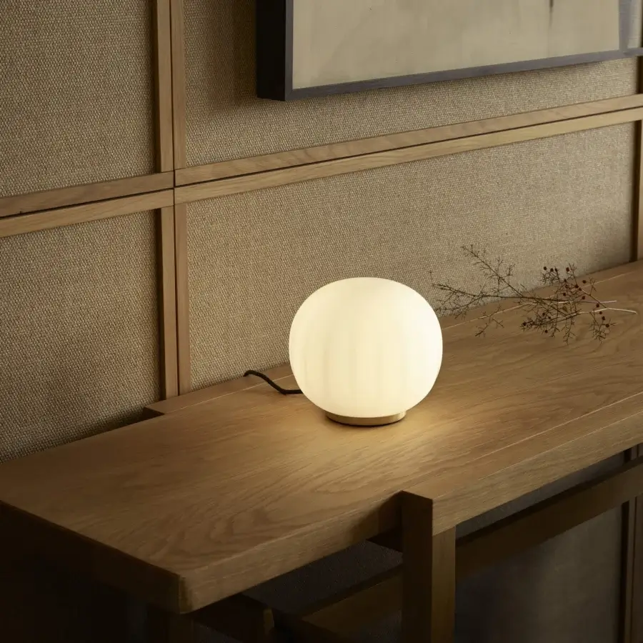 Elegant Luceplan Lita table lamp with delicately textured opaline blown-glass diffuser and white-painted aluminum support