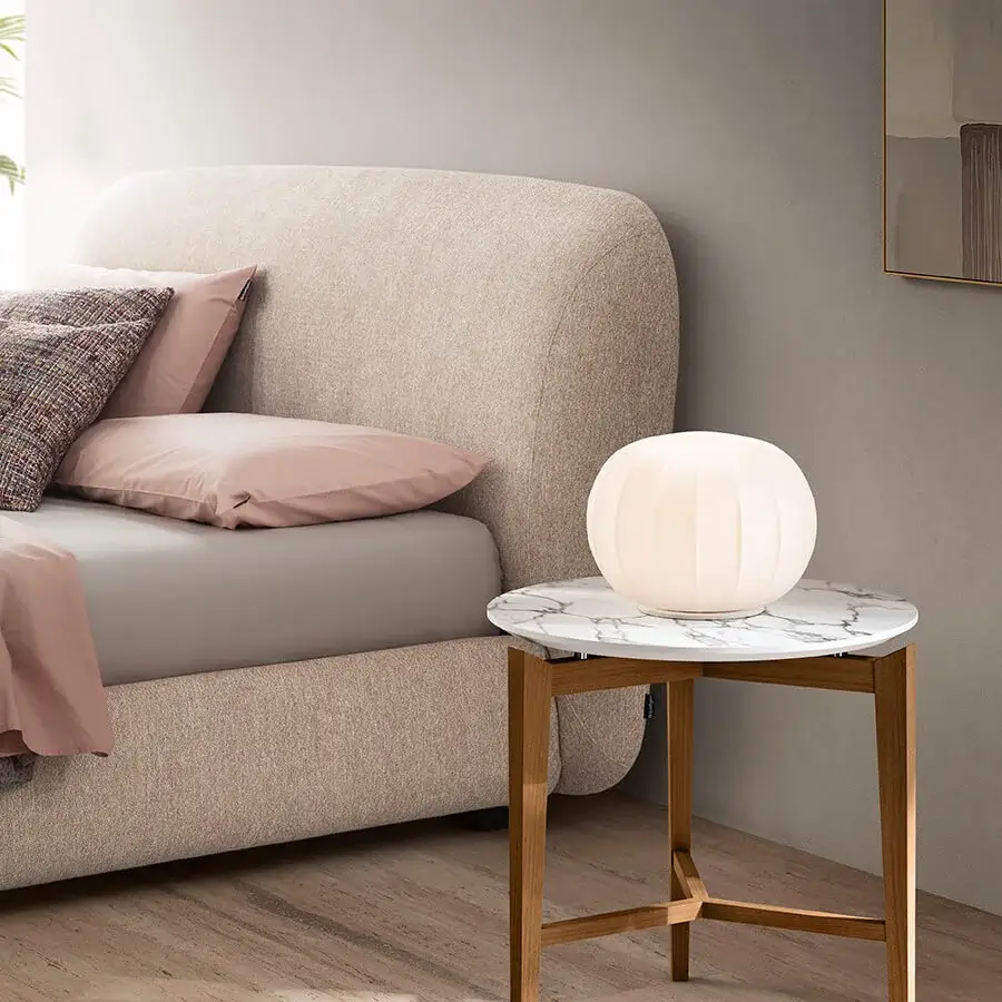 Distinguished Luceplan Lita table lamp with softly ridged opaline blown-glass and white-painted aluminum support built with a polished white marble tabletop