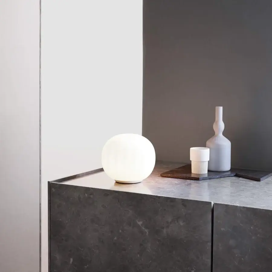 Exceptional Luceplan Lita table lamp with softly textured opaline blown-glass diffuser and white-painted aluminum support