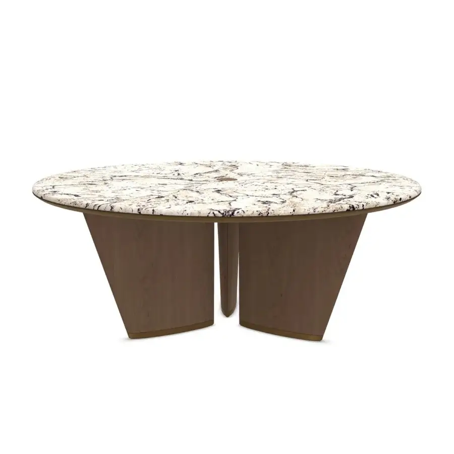 Distinguished Giorgetti Mistral table with segmented marble top and veneered ash wood legs built with a lacquered titanium plinth