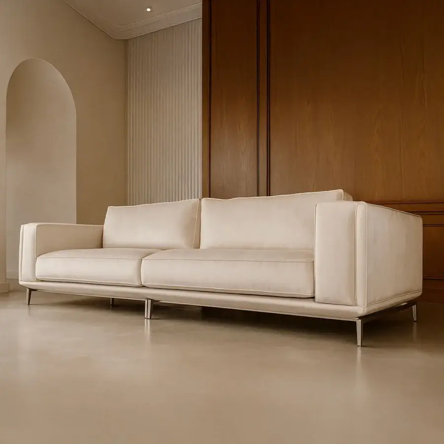 Distinguished Visionnaire Denzel sofa with light beige matte fabric upholstery and sleek satin stainless steel base