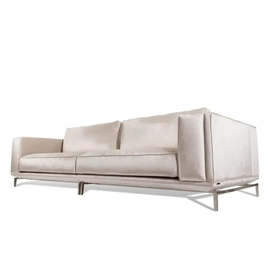 Distinguished Visionnaire Denzel sofa upholstered in pale beige premium fabric with satin stainless steel base and subtle satin finish