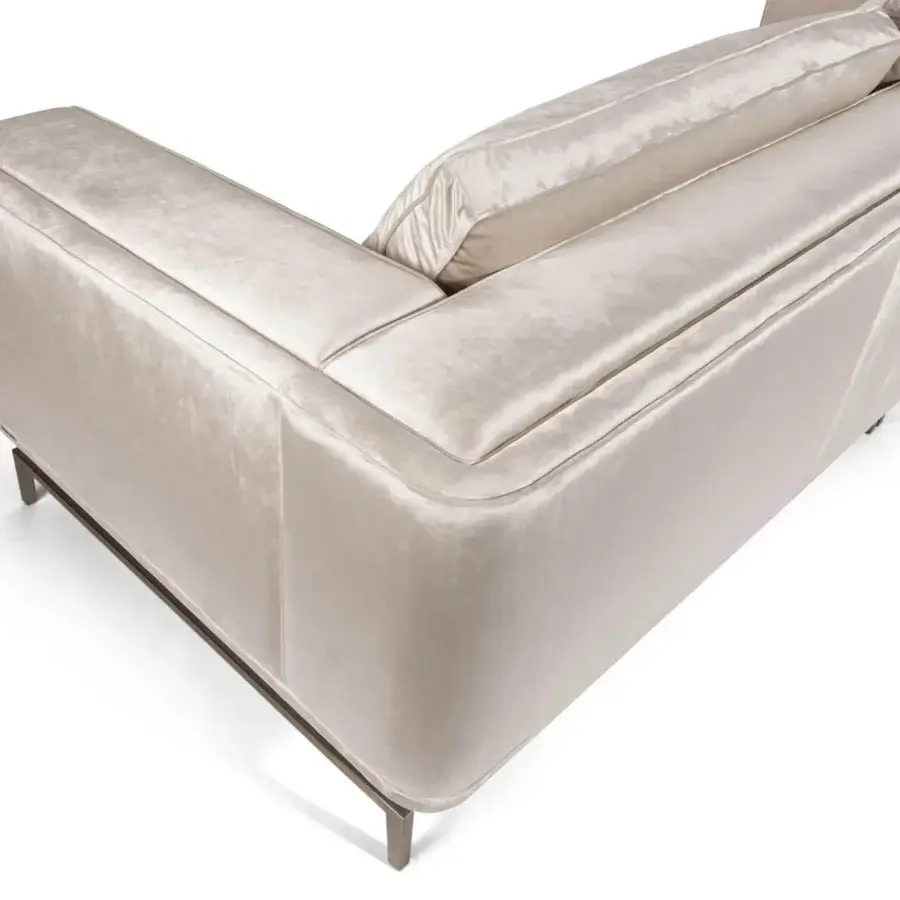Exceptional Visionnaire Denzel sofa with light taupe textile upholstery and sleek satin stainless steel base crafted for refined comfort