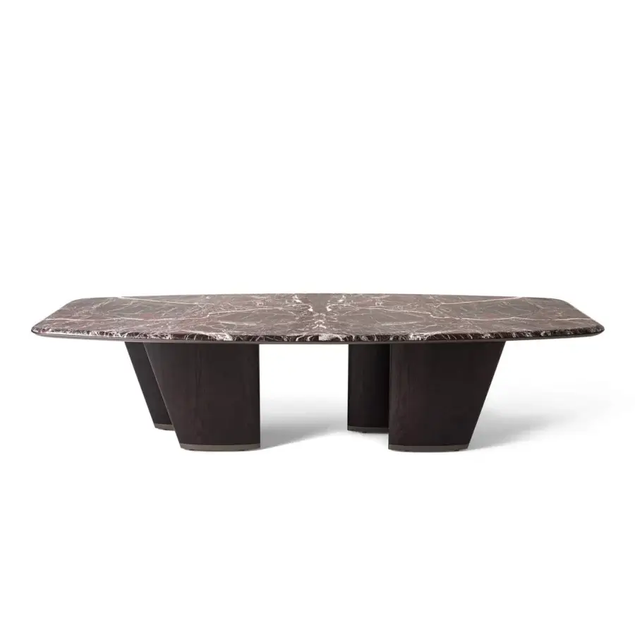 Exceptional Giorgetti Mistral table with reddish-brown, white and grey veined marble top and curved veneered ash wood legs crafted in Italy