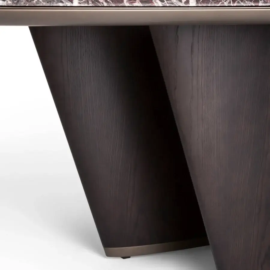 Elegant Giorgetti Mistral table with rectangular marble displaying grey and reddish-brown veining, built with veneered ash wood and lacquered titanium