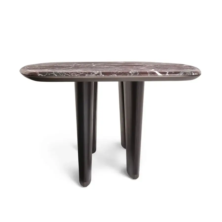 Distinguished Giorgetti Mistral table with reddish-brown veined marble top and polished veneered ash wood legs crafted in Italy