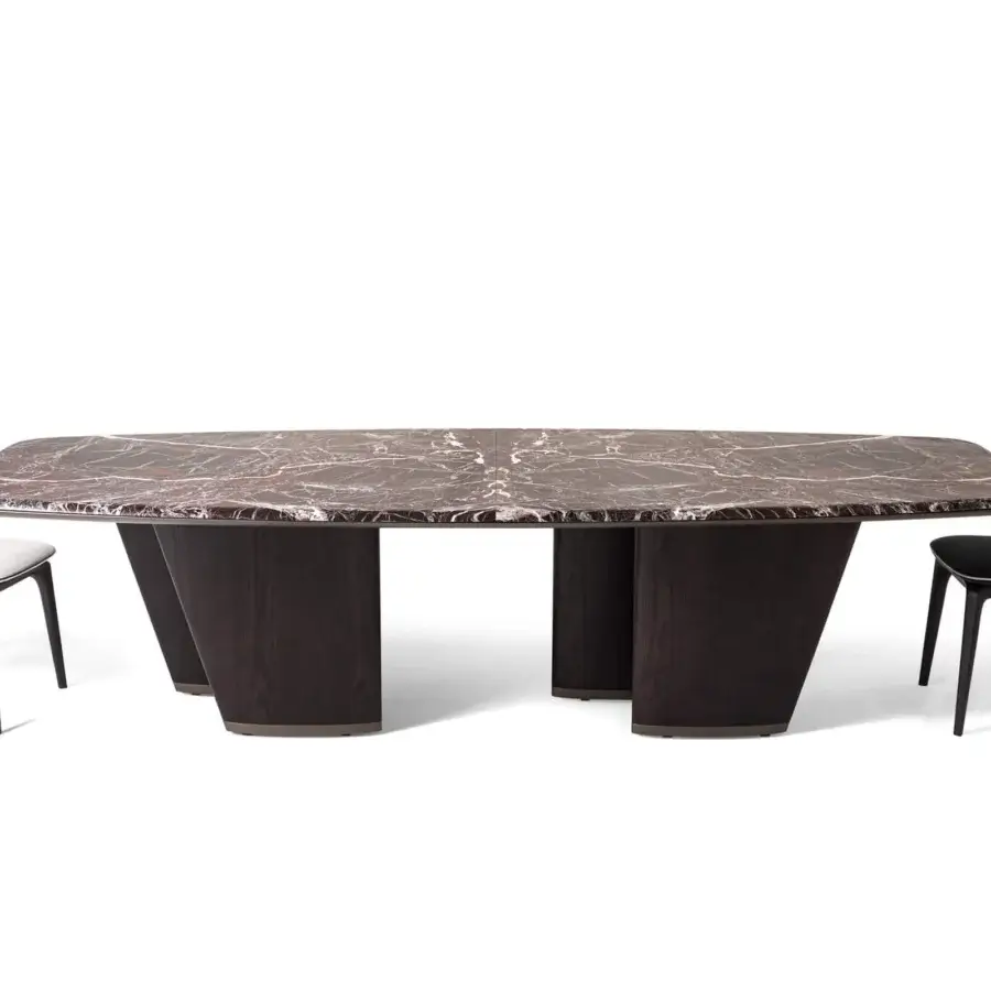 Luxury Giorgetti Mistral table with captivating marble top, sculpted veneered ash wood legs and lacquered titanium under-top