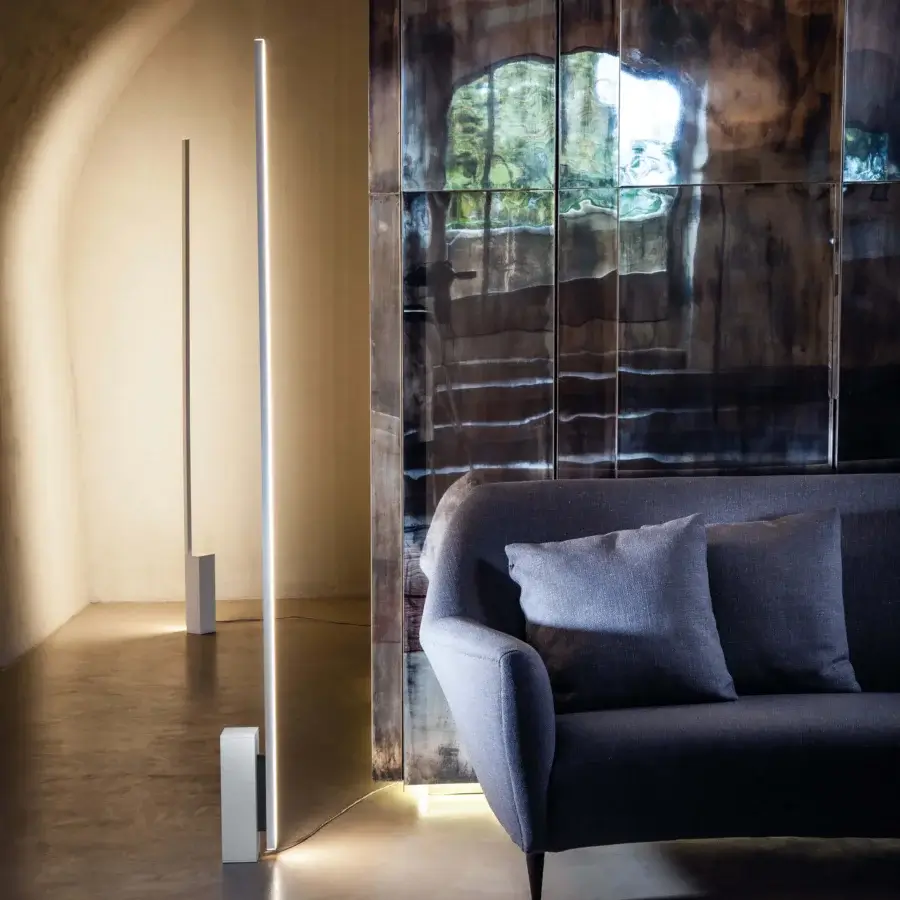 Distinctive Nemo Linescapes floor lamp crafted in aluminum, PC, and ABS with a matte finish delivering warm directional lighting