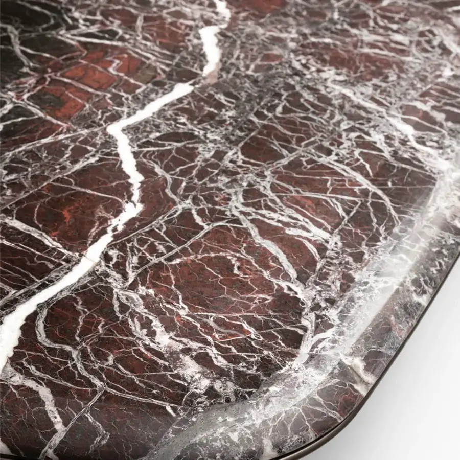 Distinguished Giorgetti Mistral table with reddish-brown and white veined marble, lacquered titanium, and veneered ash wood legs