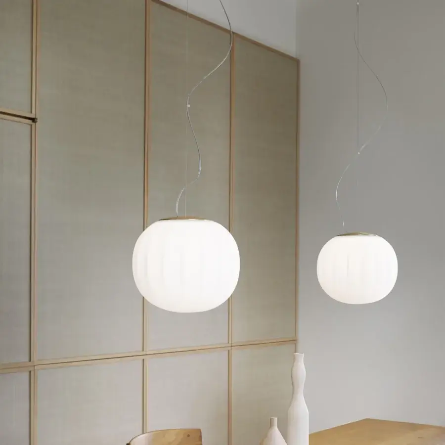 Exceptional Luceplan Lita suspension lamp in opaline blown-glass with white painted aluminum exhibiting a smooth matte finish