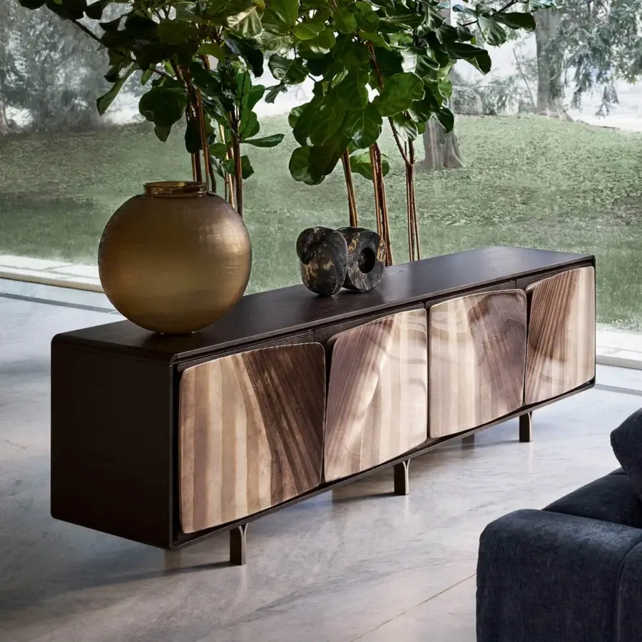 Distinguished Giorgetti Scirocco sideboard with anthracite grey ash wood and unique decorative birch plywood doors finished in epoxy resin