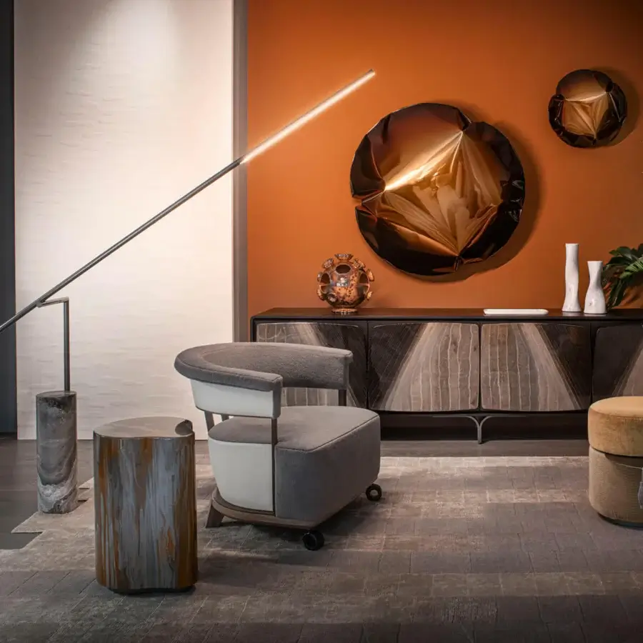 Distinguished Giorgetti Scirocco sideboard crafted in anthracite grey ash wood with unique birch plywood fronts and pewter feet