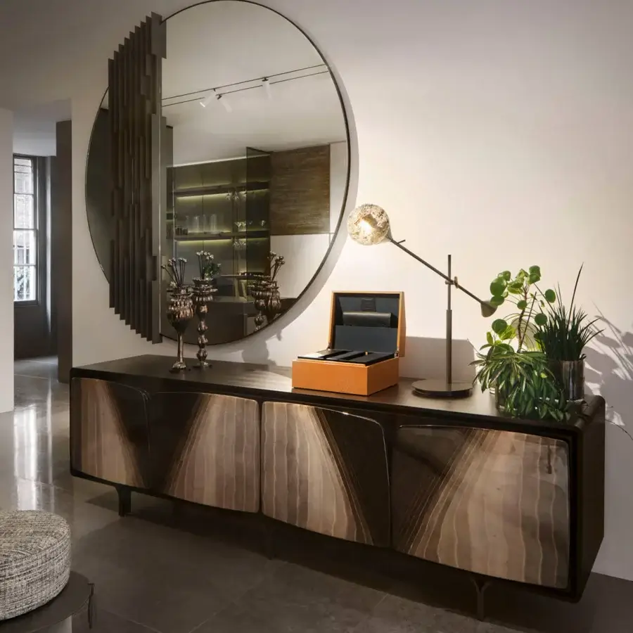 Elegant Giorgetti Scirocco sideboard crafted in anthracite grey ash wood with unique wind-shaped birch plywood fronts and pewter feet