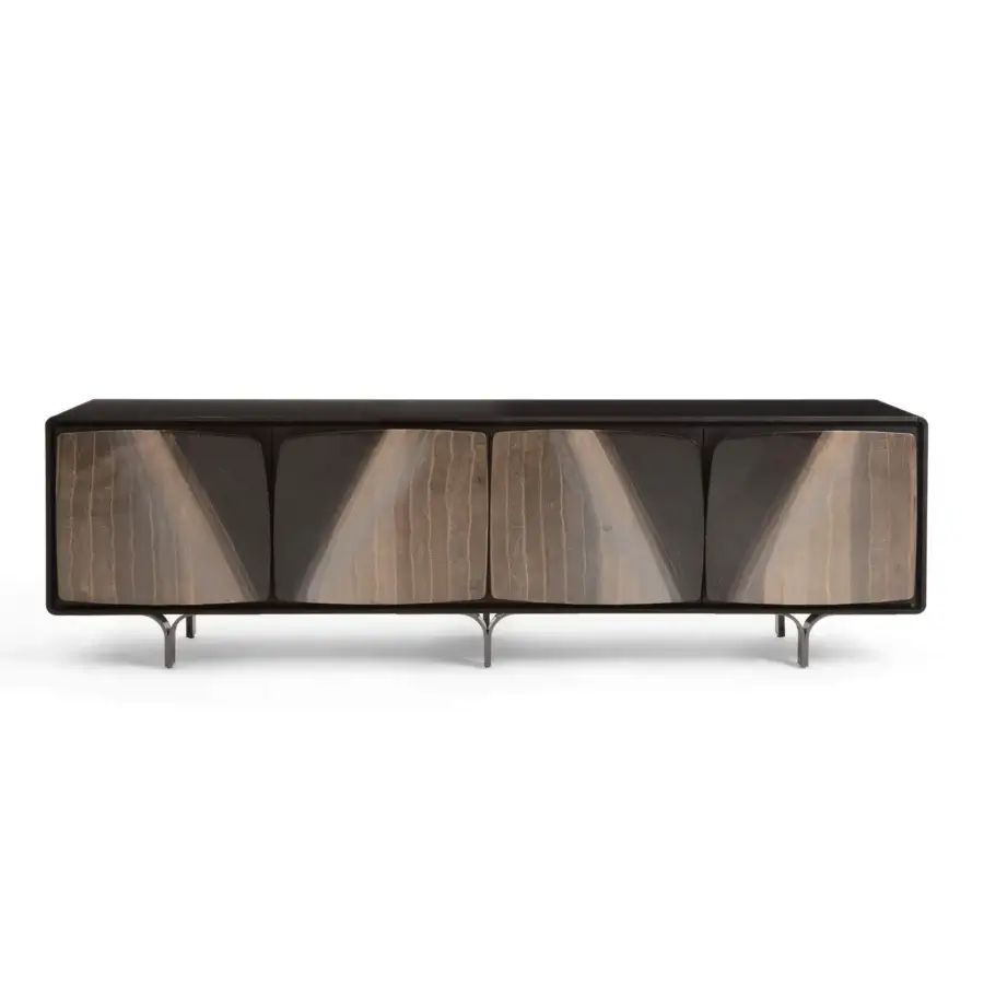 Superior Giorgetti Scirocco sideboard crafted in anthracite grey ash wood with hand-finished epoxy resin drawers and pewter-painted metal feet