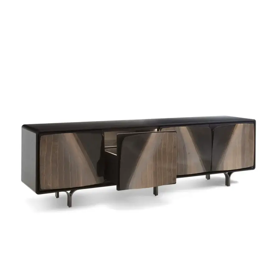 Elegant Giorgetti Scirocco sideboard in anthracite grey ash wood with hand-finished birch plywood fronts and pewter-painted metal feet