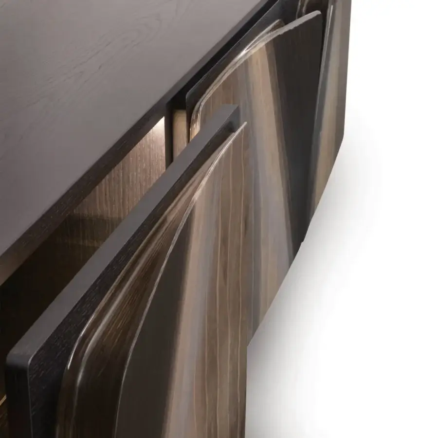 Distinguished Giorgetti Scirocco sideboard crafted in anthracite grey ash wood with unique epoxy resin detailing and pewter feet