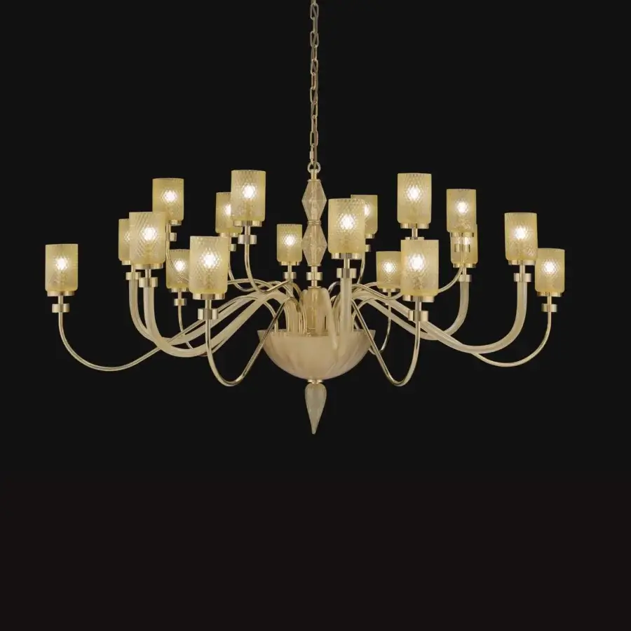 Superior Euroluce Dely chandelier crafted in metal with handblown glass lampshades and bright gold finish