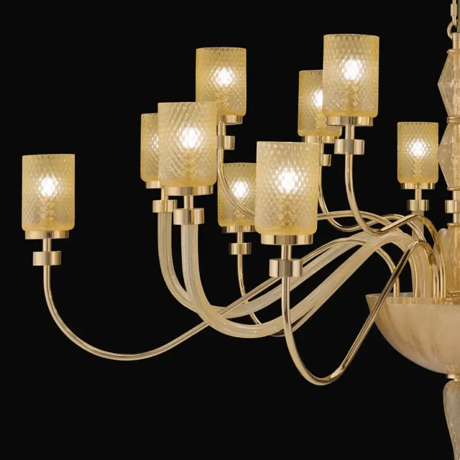 Distinguished Euroluce Dely chandelier crafted in metal with antique pink wrinkled satin lampshades and warm gold finish