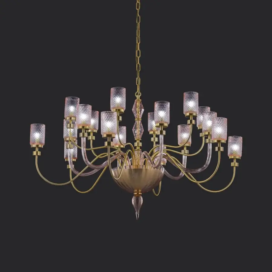 Exquisite Euroluce Dely chandelier crafted in metal with faceted crystal glasses and sculpted amber gradient glass cup in gold-toned satin finish
