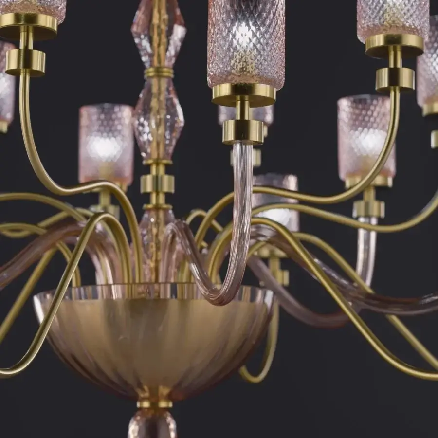 Lavish Euroluce Dely chandelier crafted in metal with antique pink wrinkled satin lampshades and sculpted glass details in warm gold finish