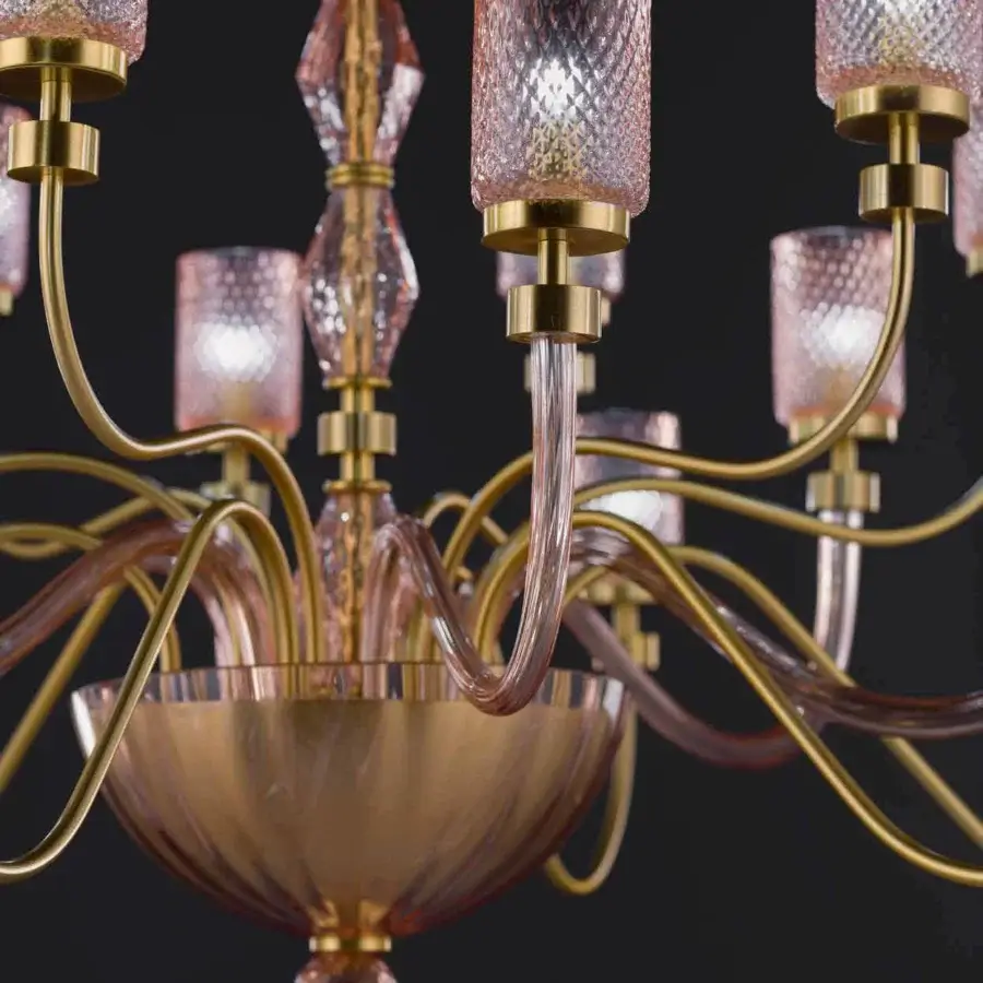 Superior Euroluce Dely chandelier crafted in metal with crystal glasses and antique pink wrinkled satin cylindrical lampshades with a glossy golden finish