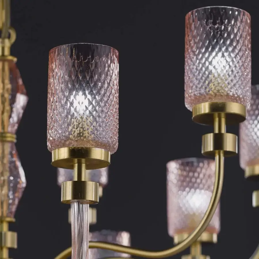 Distinguished Euroluce Dely chandelier crafted in metal with antique pink wrinkled satin lampshades and warm gold finish
